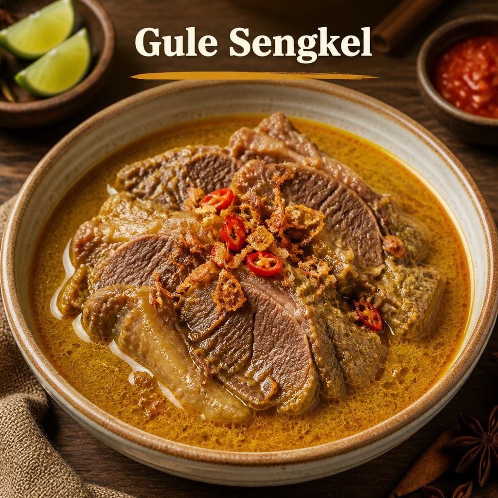 Gule Sengkel Te Sate dengan kuah gurih dan potongan sengkel empuk